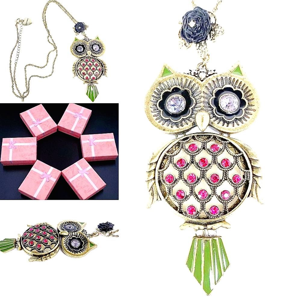 Gold black flower pink Green crystal owl necklace